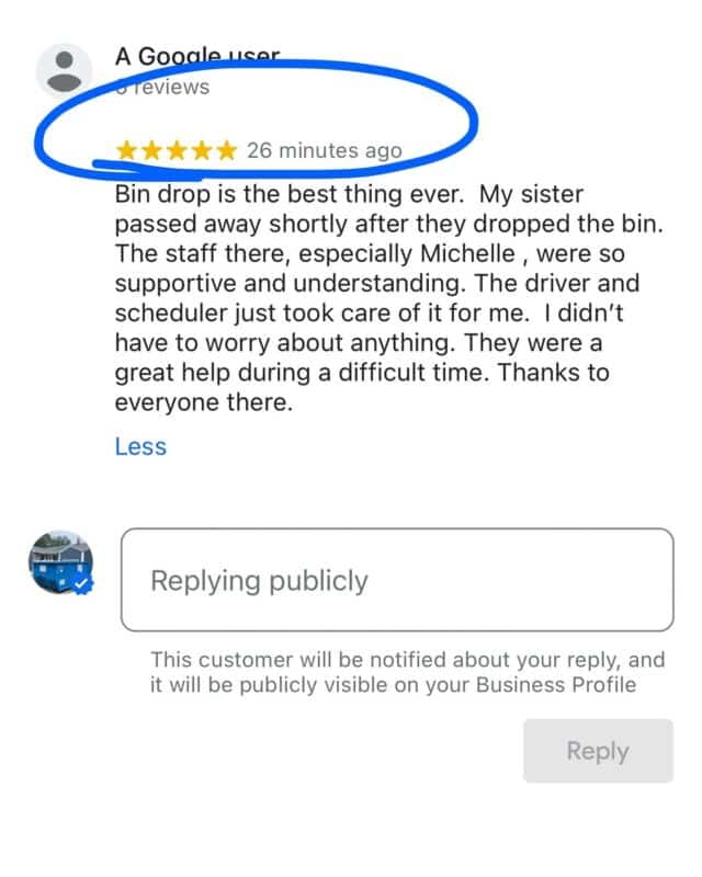 Bin-Drop User Testimonial on Google Business Profile - 5-Star Review